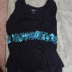 Karen Kane Black Silk Top with Blue Floral Sequin Design Sz 12